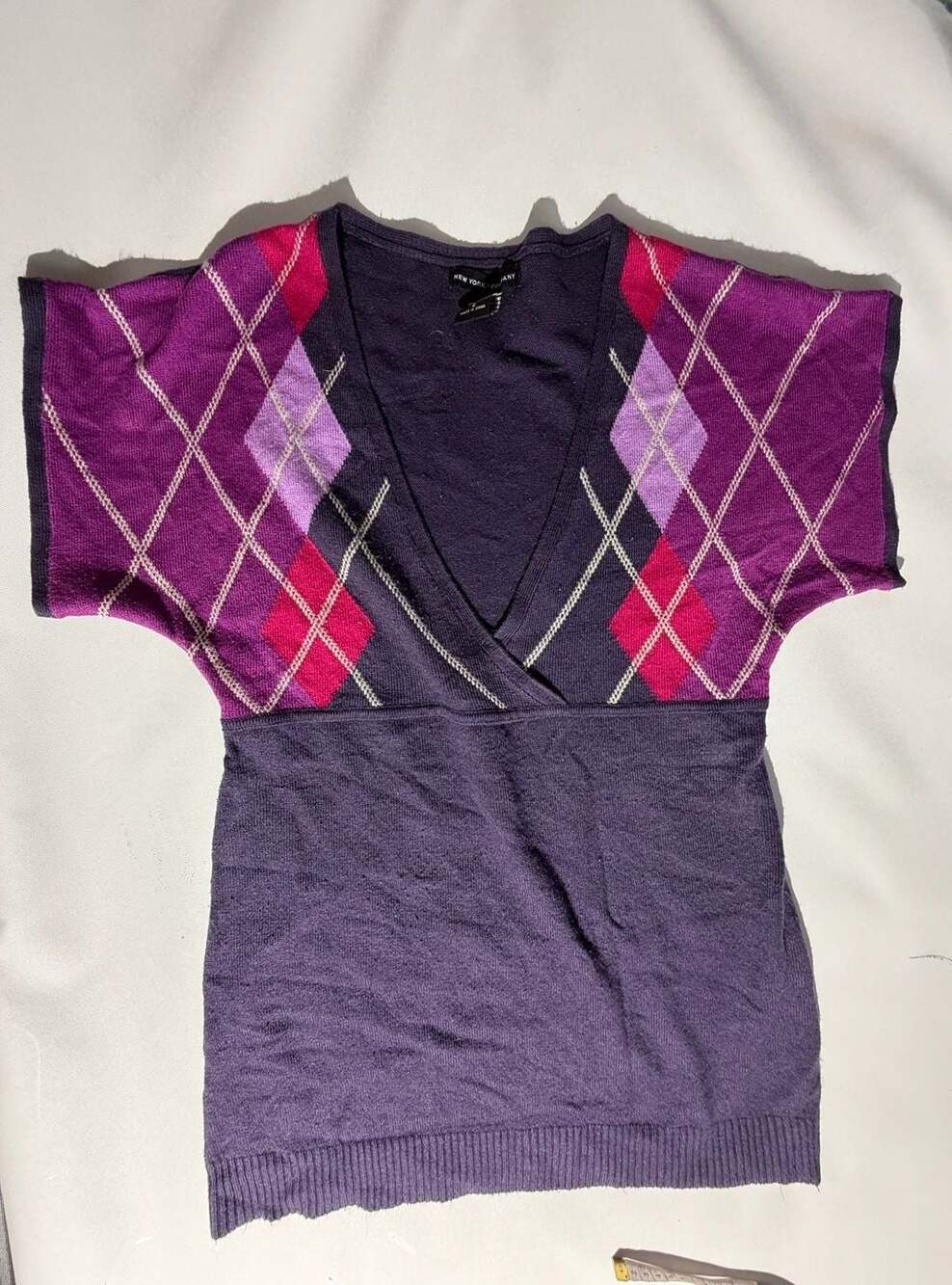 NY&C Purple Argyle Sweater Vest S V-Neck Cap Sleeve Y2K Preppy Acrylic